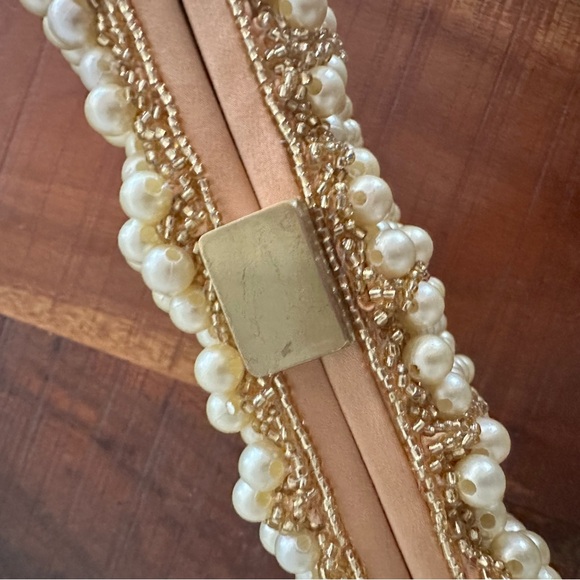 Anthropologie Santi Gemelli Clutch Pearl Chain Gold Taupe Summer Wedding - Picture 5 of 7